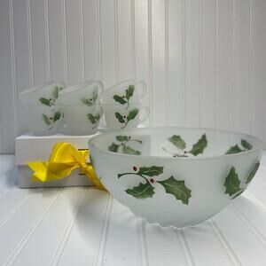 Vintage Federal Frosted Holly Berry Ivy Punch Biwl Set 12 Cups